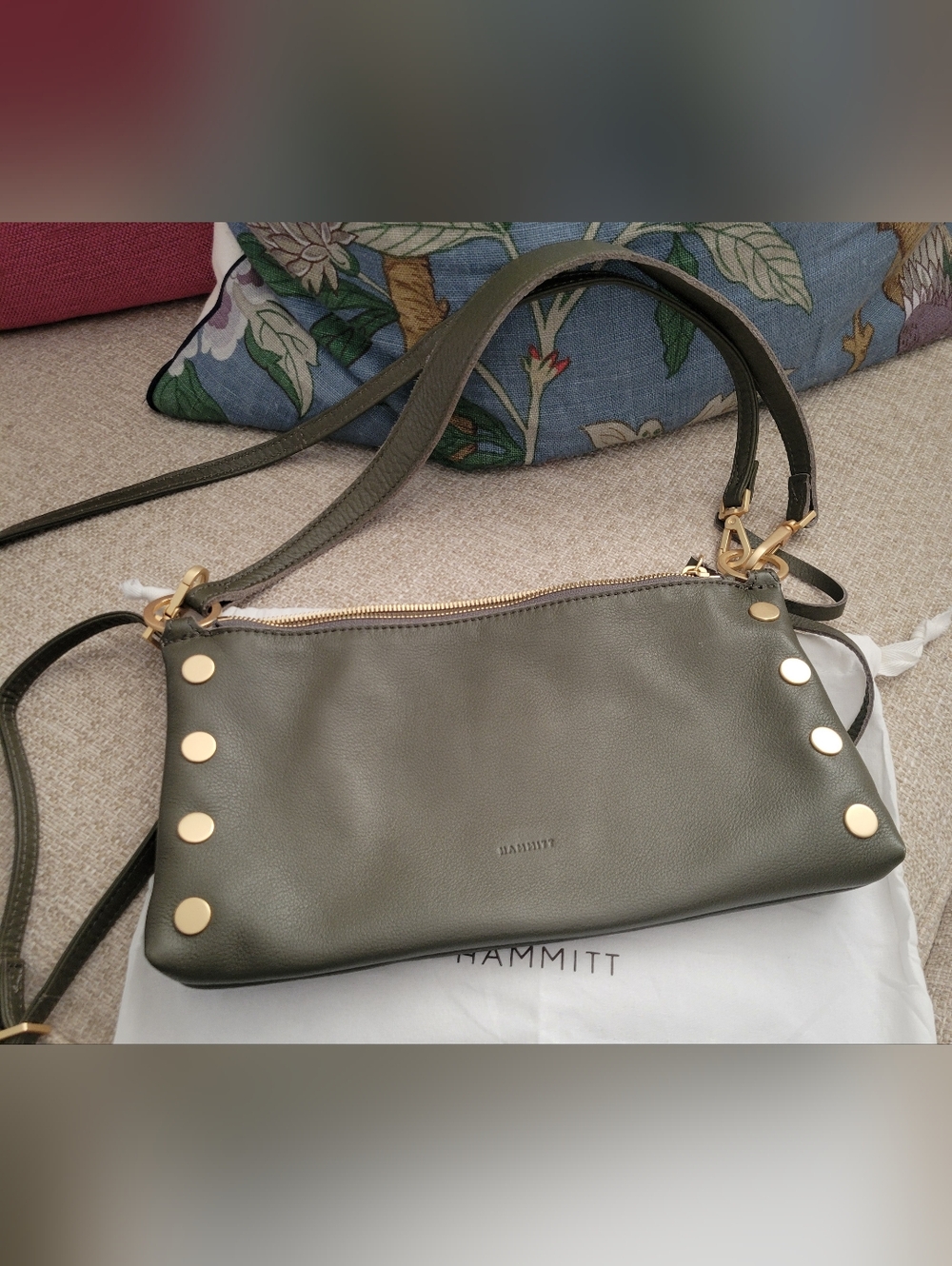 Hammitt Olive Green Pebbled Leather Shoulder Bag with Gold Studs